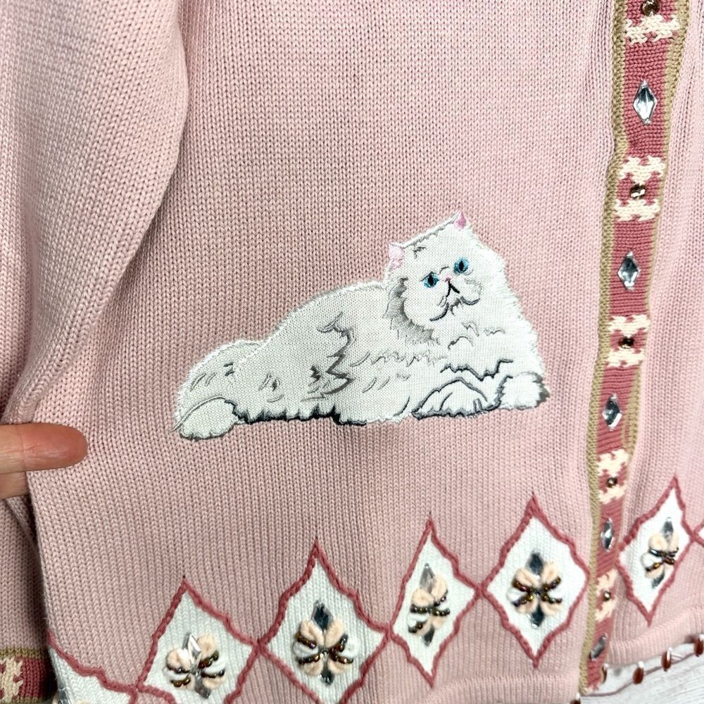 NWT Storybook Knits Cats Design Cardigan Pink Beaded Cotton size 1X Vintage - Picture 7 of 16